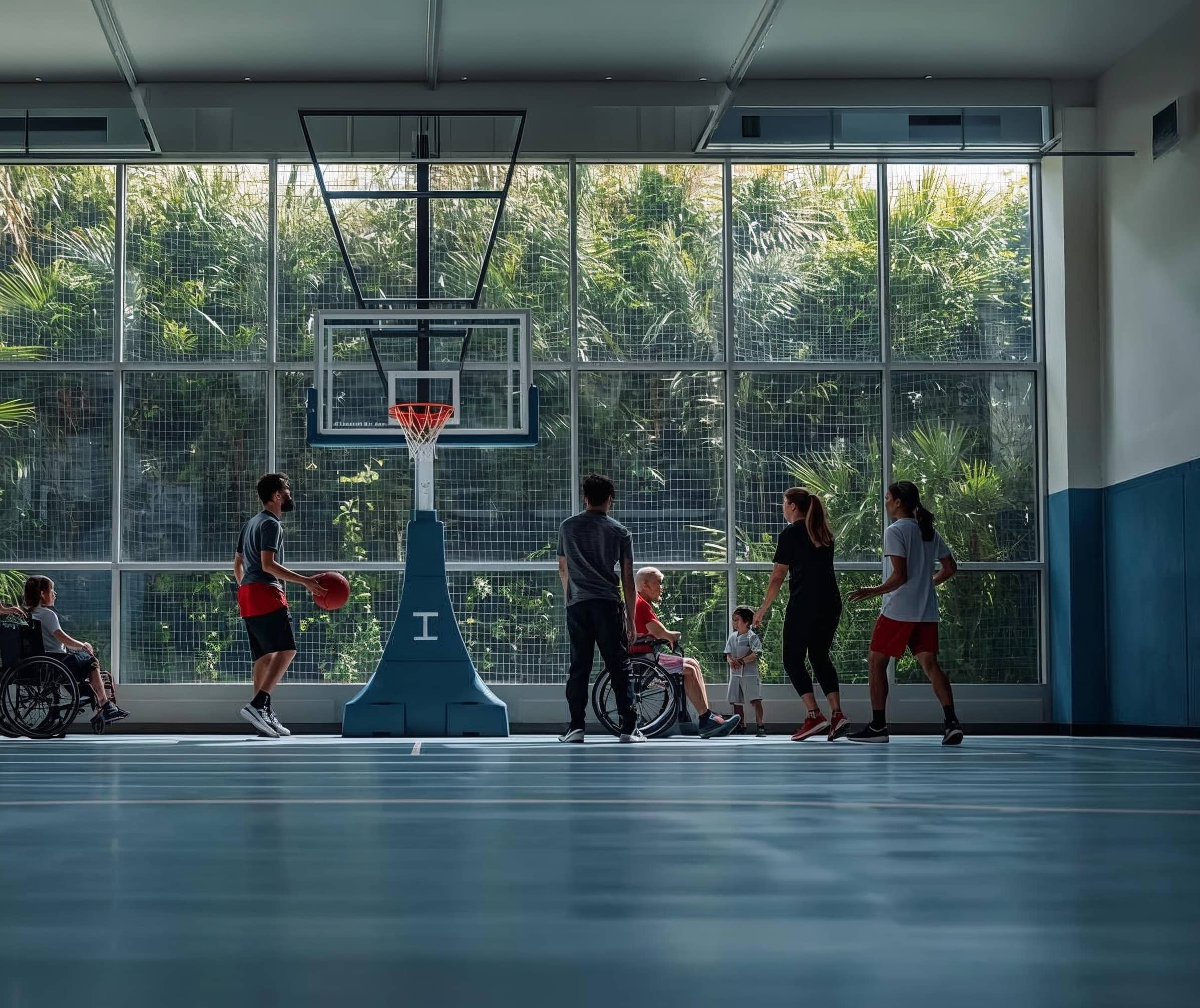 Inclusive community basketball session with players, families, and a wheelchair user gathered at an indoor court